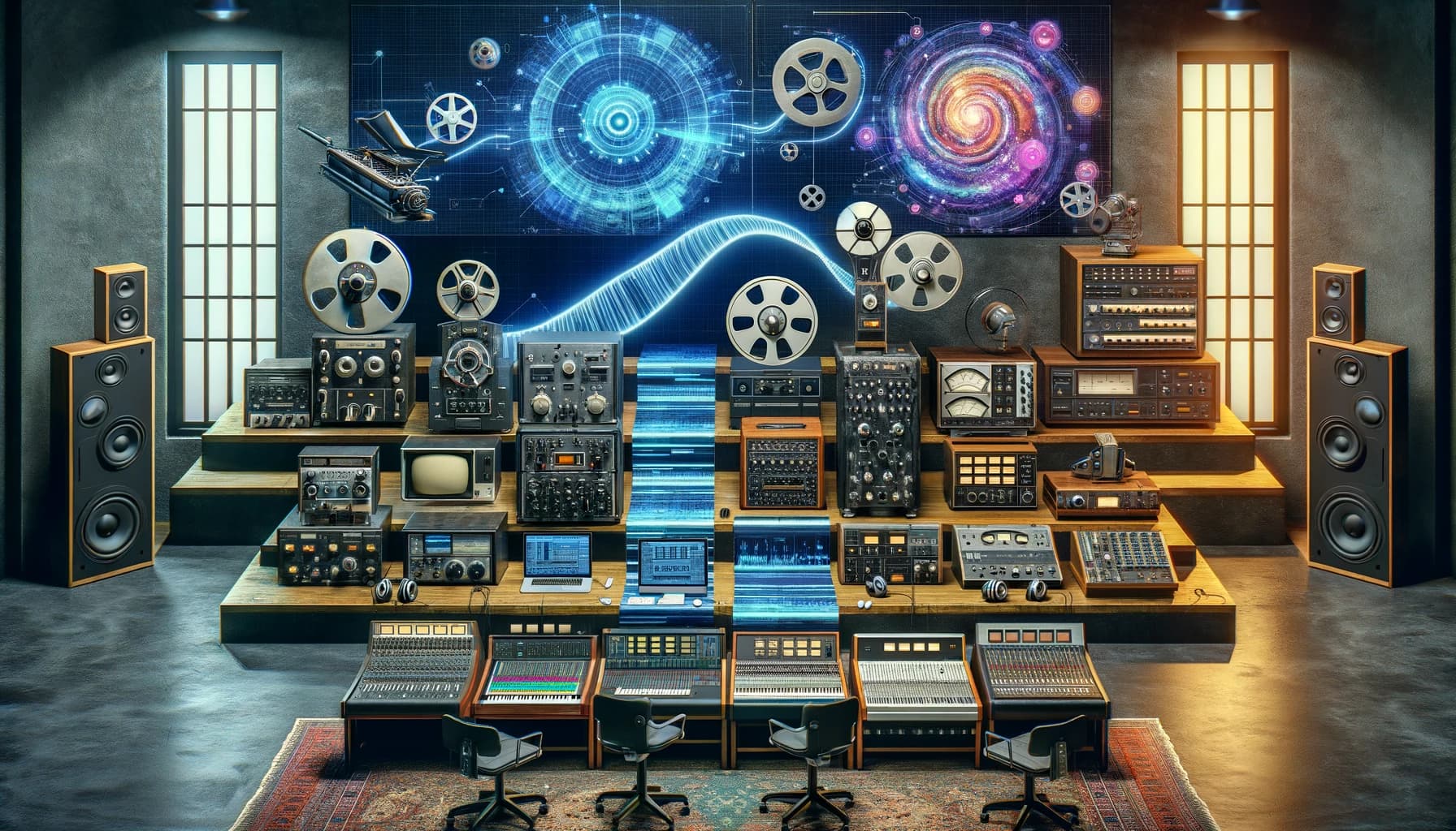 An image depicting the evolution of audio mastering technology, with a wide aspect ratio. Starting from vintage reel-to-reel tape machines and analog mastering gear