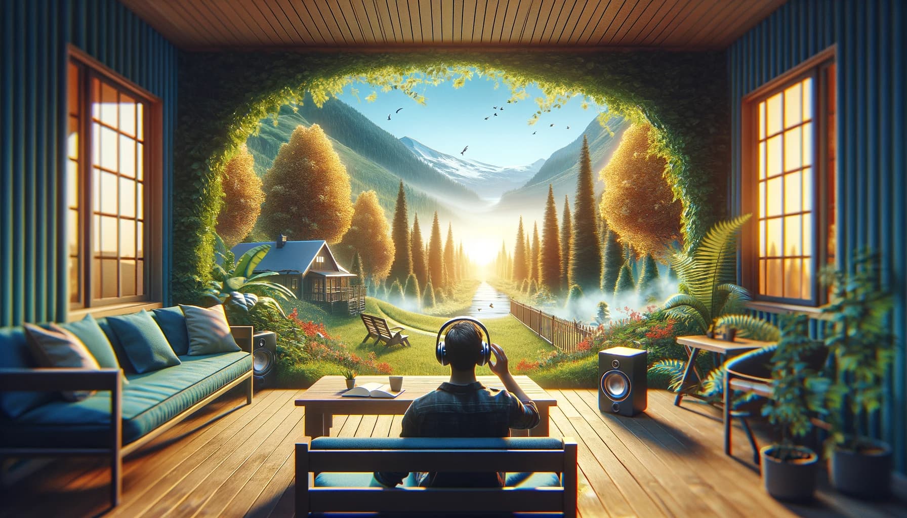 A wide image of a listener enjoying immersive audio in an outdoor setting, such as a garden or a balcony.