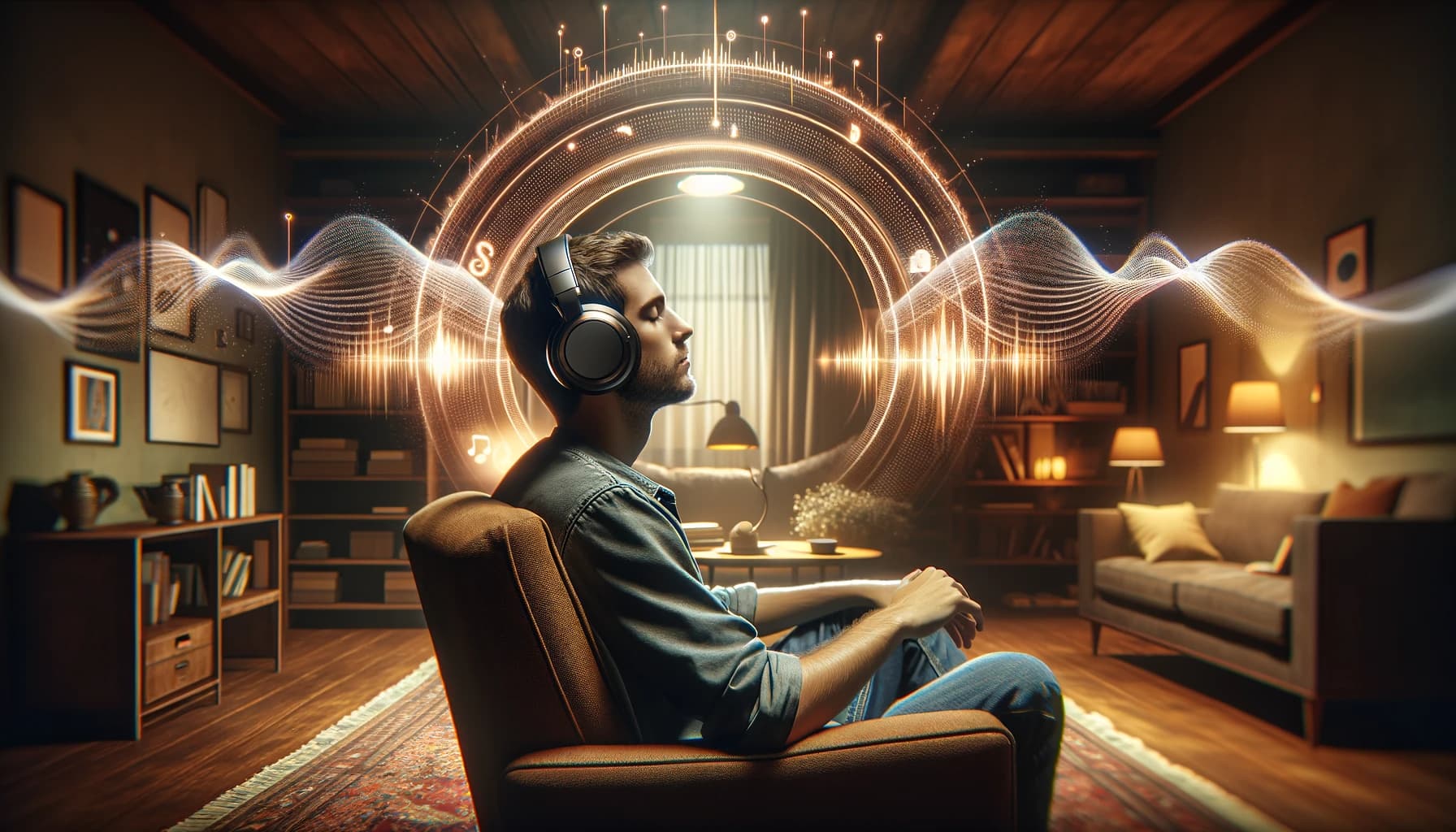 A wide image showing a person experiencing immersive audio through high-end headphones in a relaxed home setting.