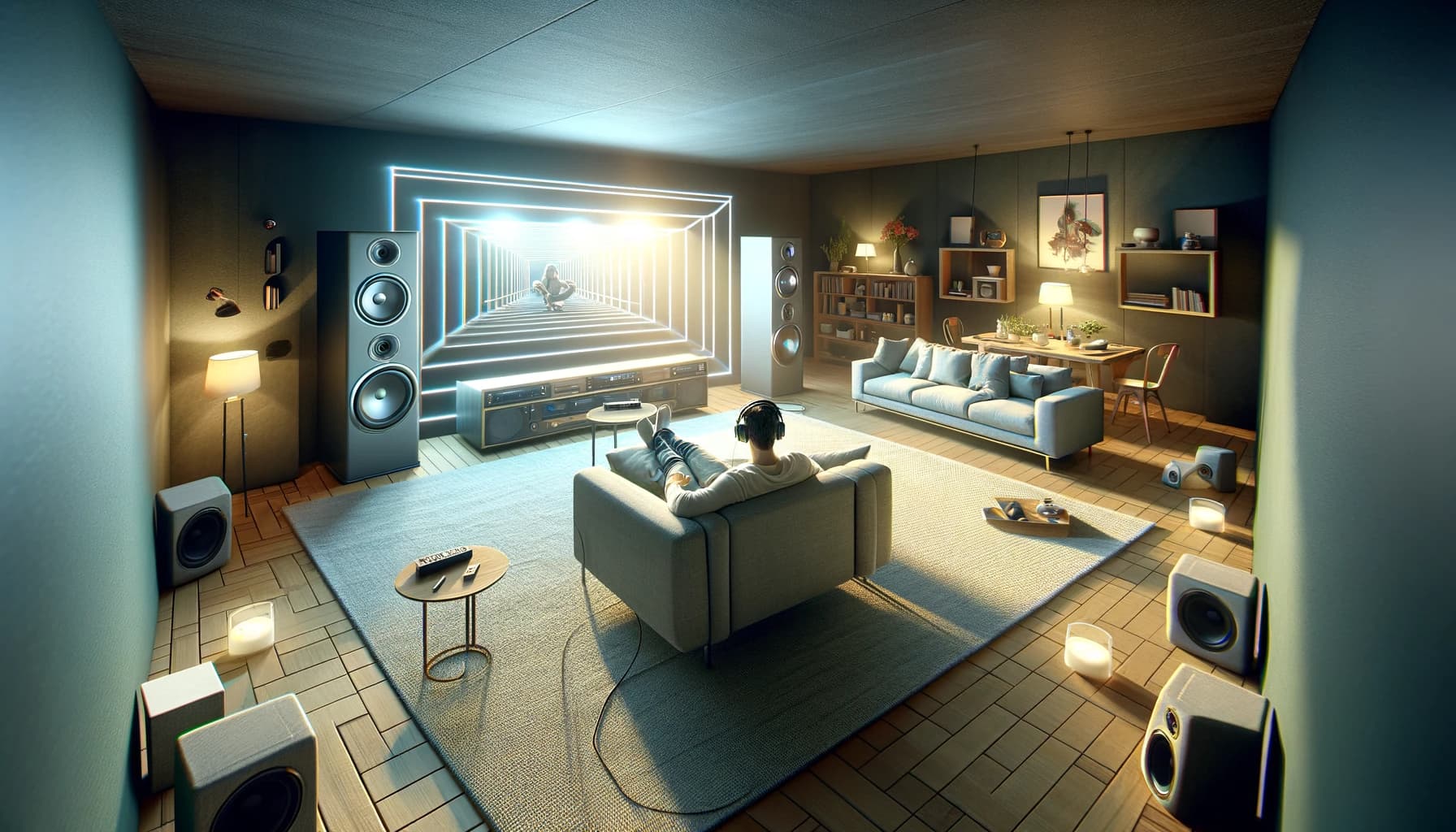 An image from a listener's perspective experiencing immersive audio in a home environment.