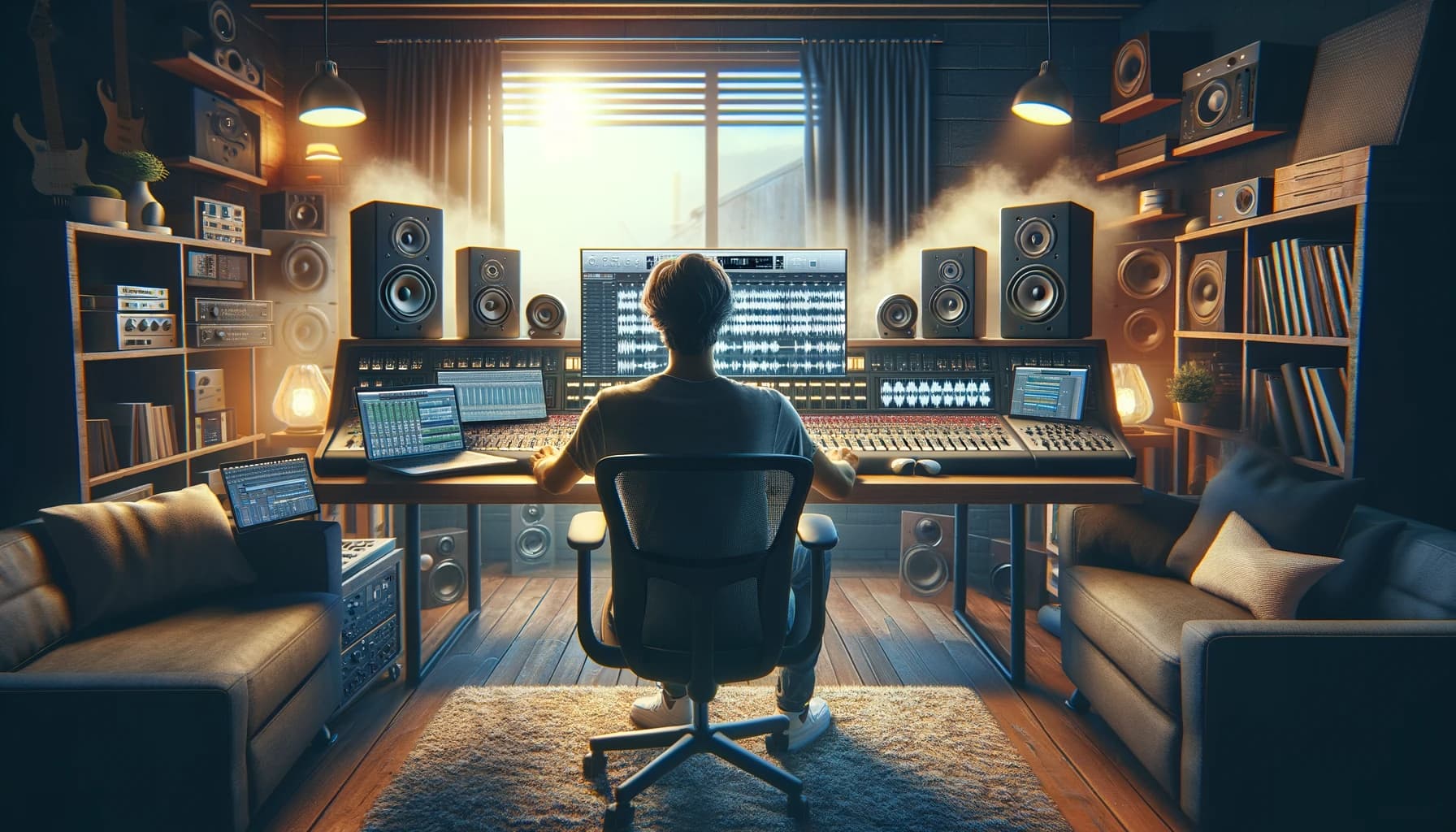 An image of a home studio music producer working on creating immersive or spatial audio masters.