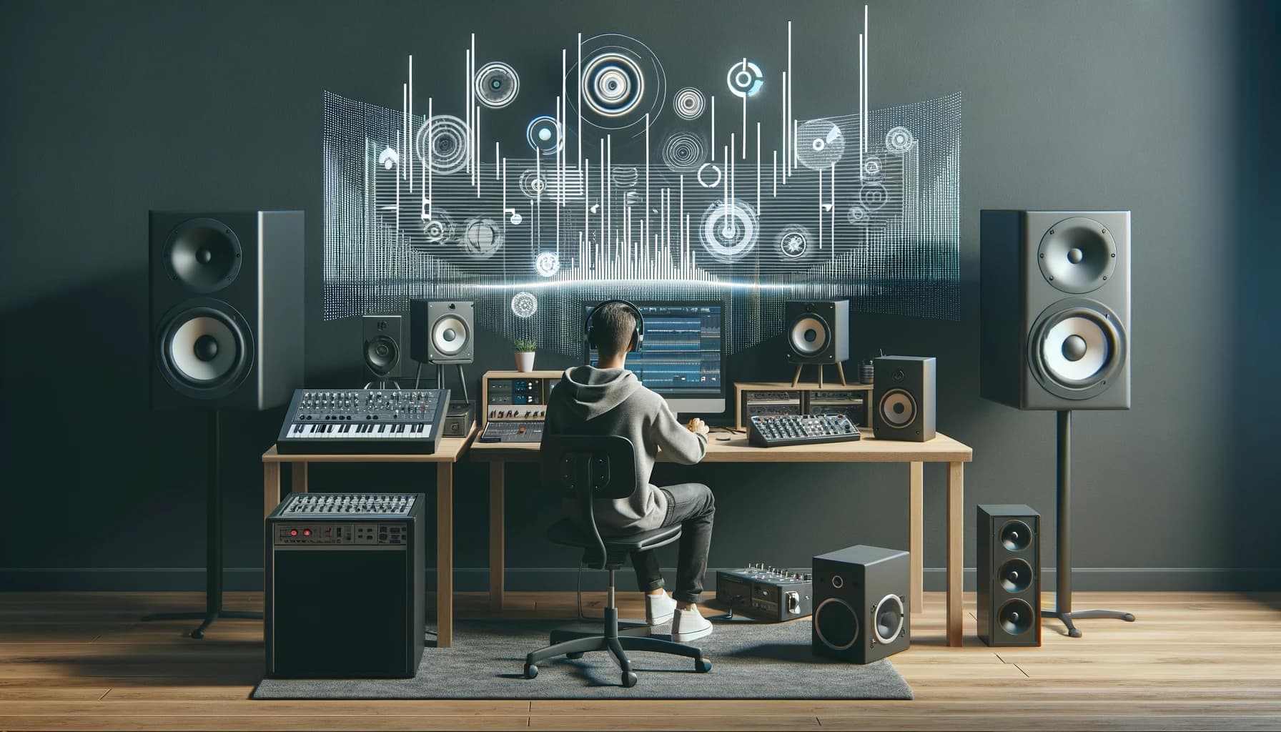 A wide image showing a compact home studio setup designed for producing immersive audio.