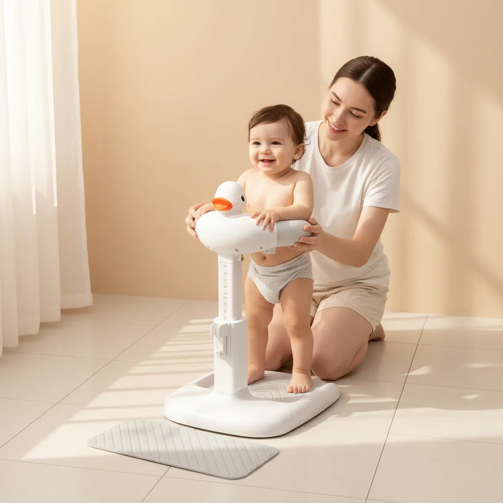 Baby standing happily in the LimoLiving baby shower stand while mom supports from behind