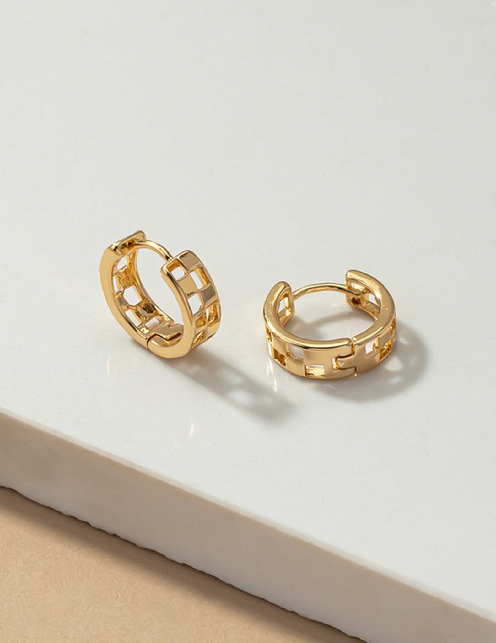 Brass Checkered Huggie Hoop Earrings