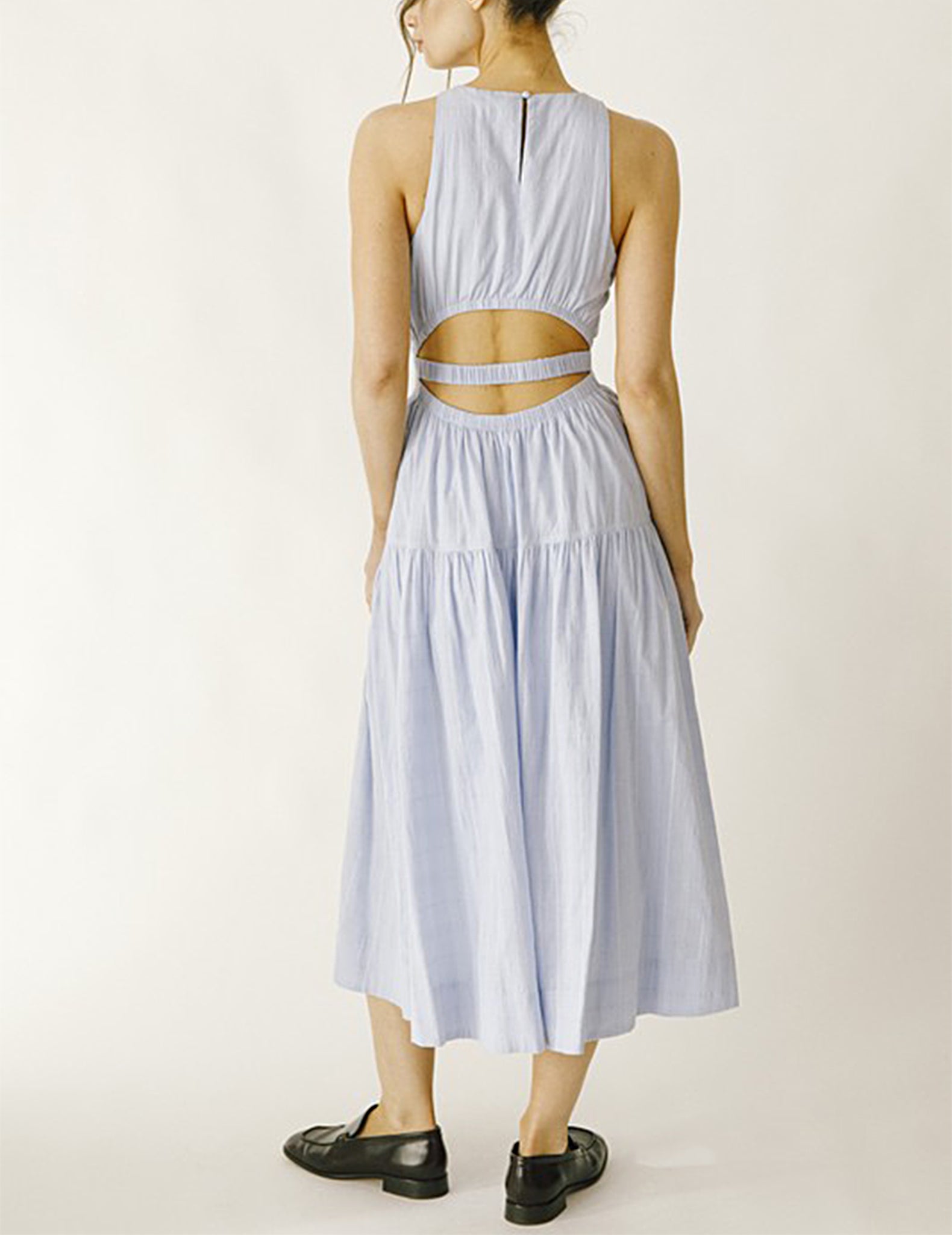 Odette Pale Blue Gathered Cotton Midi Dress