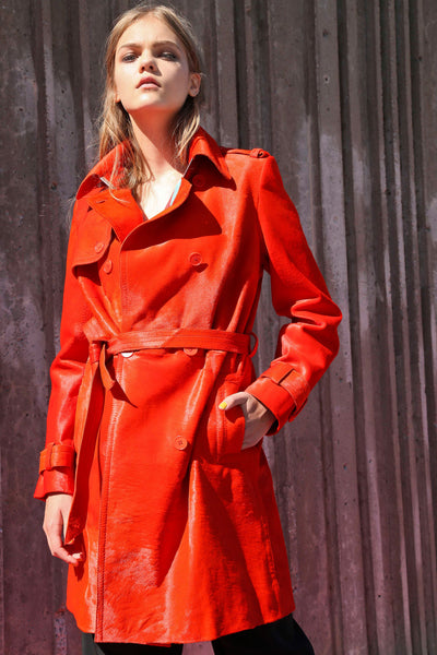 BLOOD-ORANGE CALFSKIN LEATHER TRENCH COAT – kojanyc