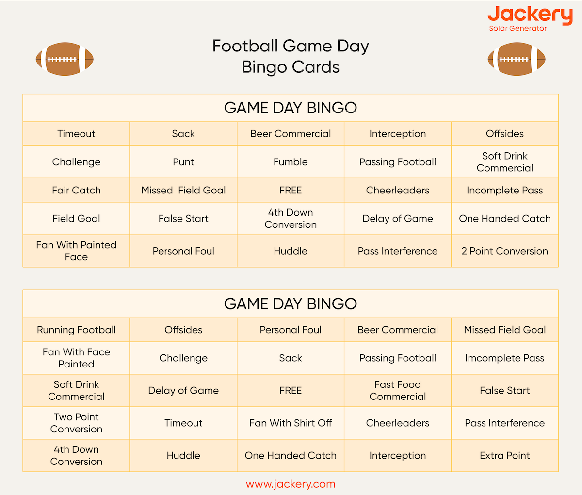 football game day bingo cards