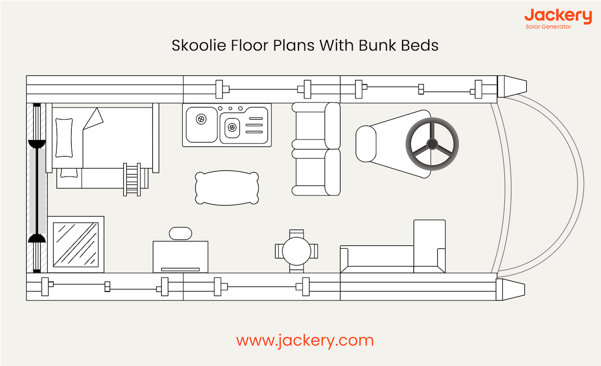 skoolie floor plan with bunk beds