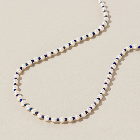 Chronos necklace, pearl, lapis lazuli, 9kt yellow gold