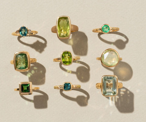 Precious green gemstone rings, solid 9kt yellow gold