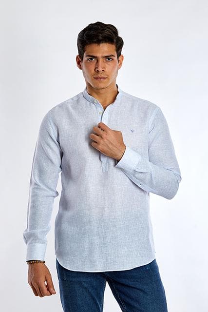 Long-Sleeve Linen Shirt With Mandarin Collar - BLUE– Dockland