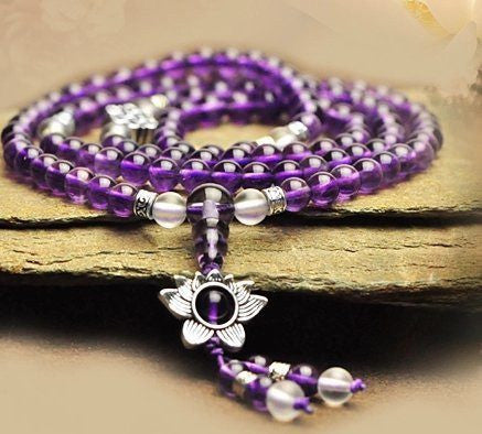 Healing Jewelry & Mala meditation beads (14in) Amethyst & Tibetian Sil –  The Art of Cure