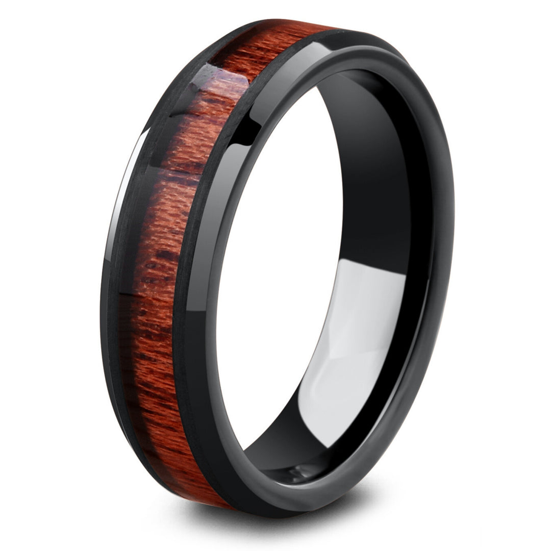 Mens- Black Tungsten Wood Ring with Beveled Edges, The Yooper, Comfort Fit, Dome Profile, 12.5 | Northern Royal