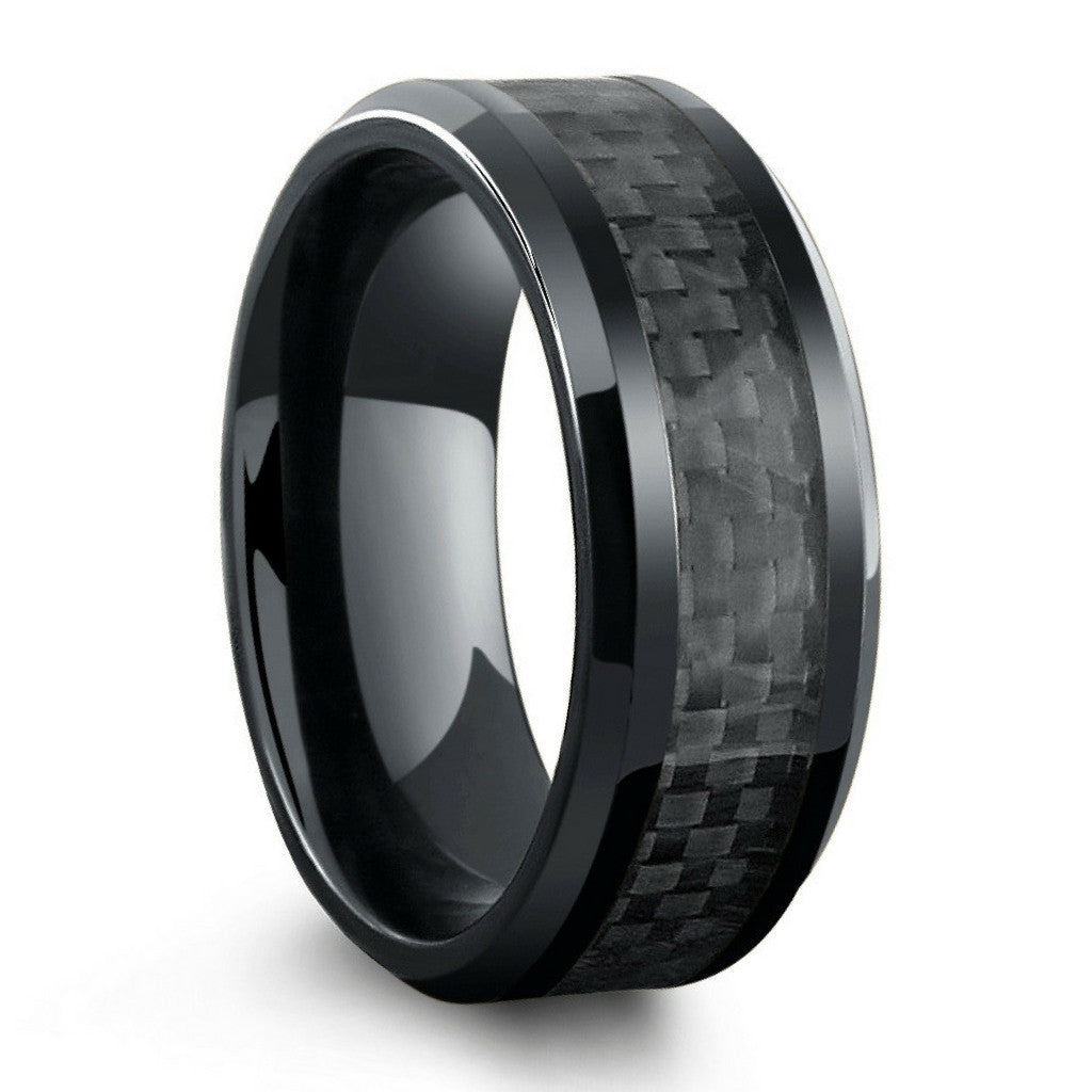 8mm Mens Black Tungsten Or Titanium Wedding Band Made Out Of Black Carbon Fiber With Polished Beveled Edges ?v=1486743306