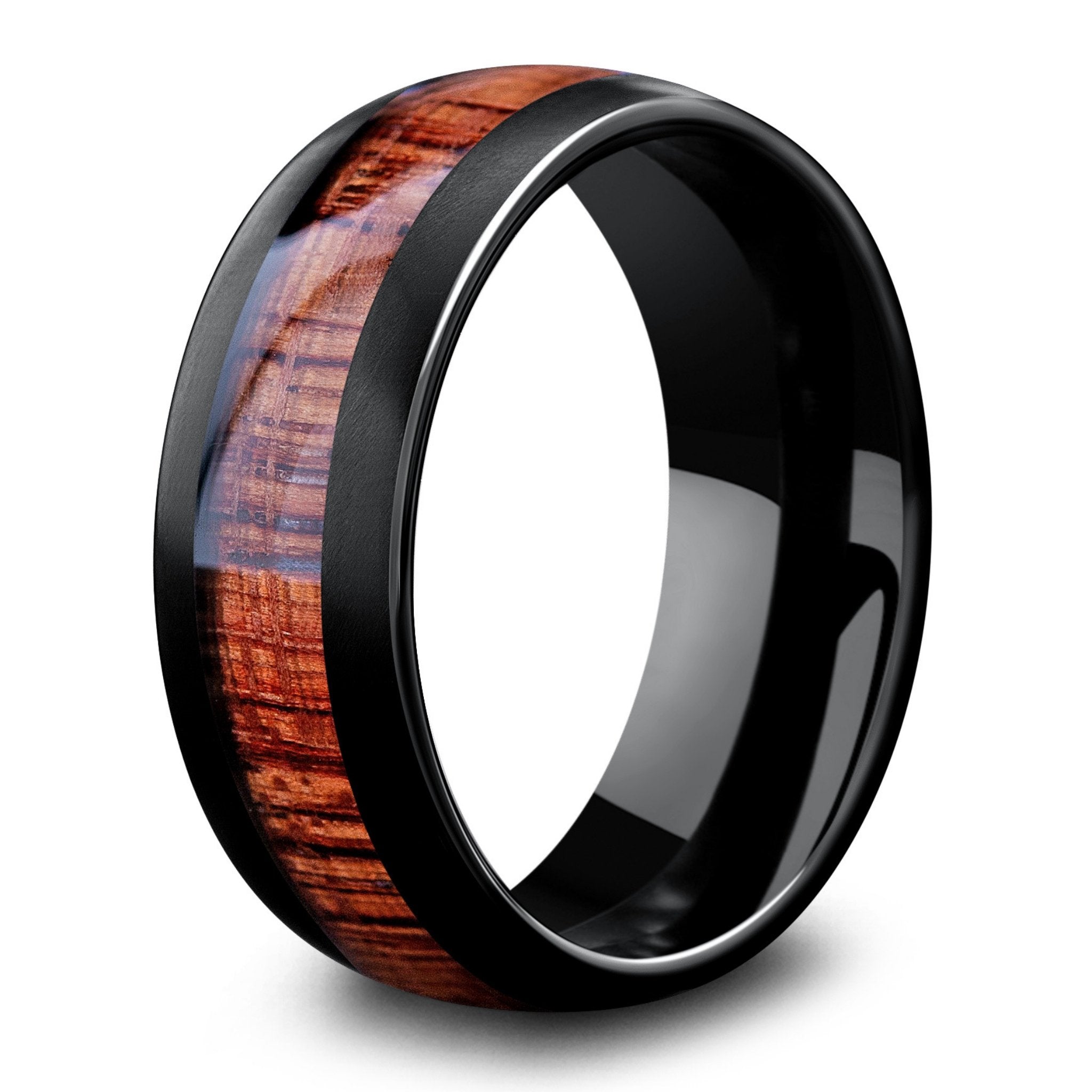 8mm Black Tungsten Wedding Band with Koa Wood Inlay