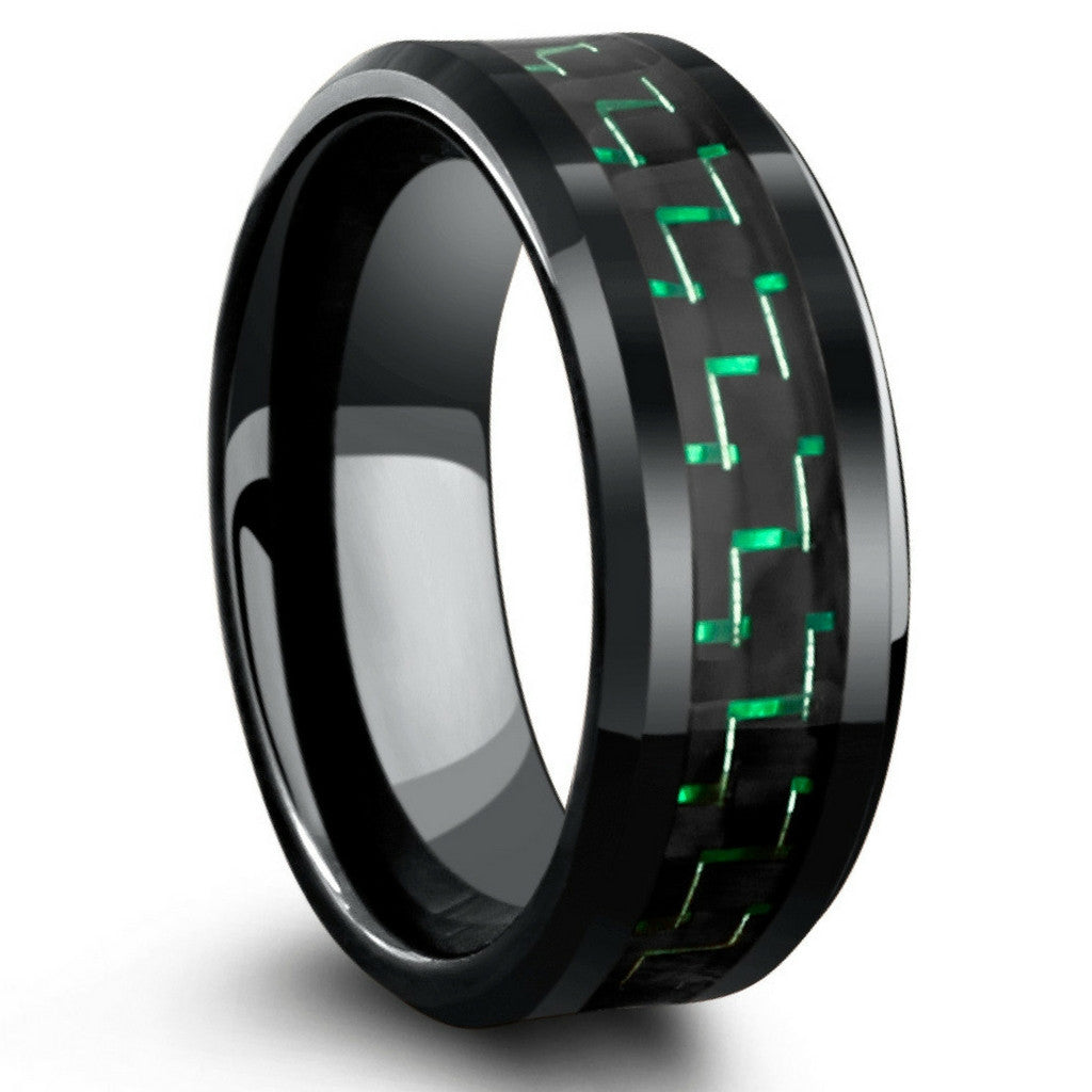 8mm Black Tungsten Wedding Band With Green & Black Carbon