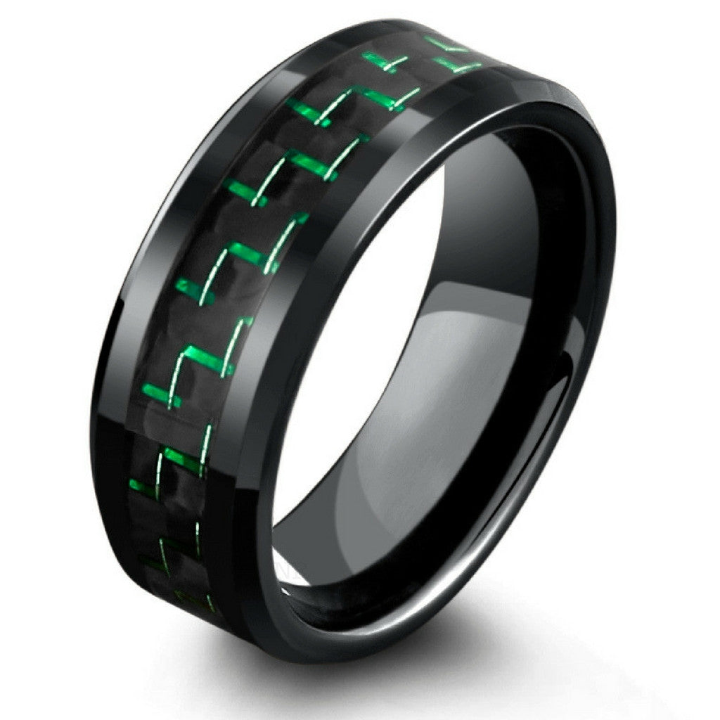 8mm Black Tungsten Wedding Band With Green & Black Carbon