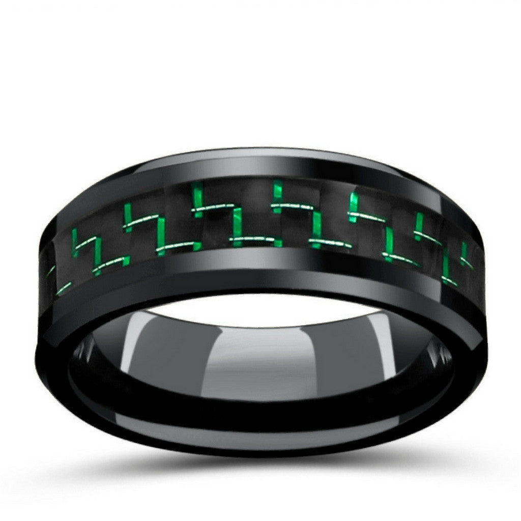 8mm Black Tungsten Wedding Band With Green & Black Carbon Fiber Inlay ...