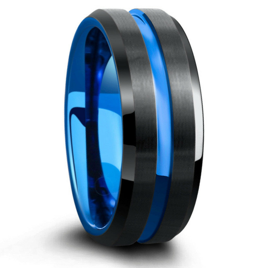 Mens Tungsten Wedding Band With Carved Blue Channel