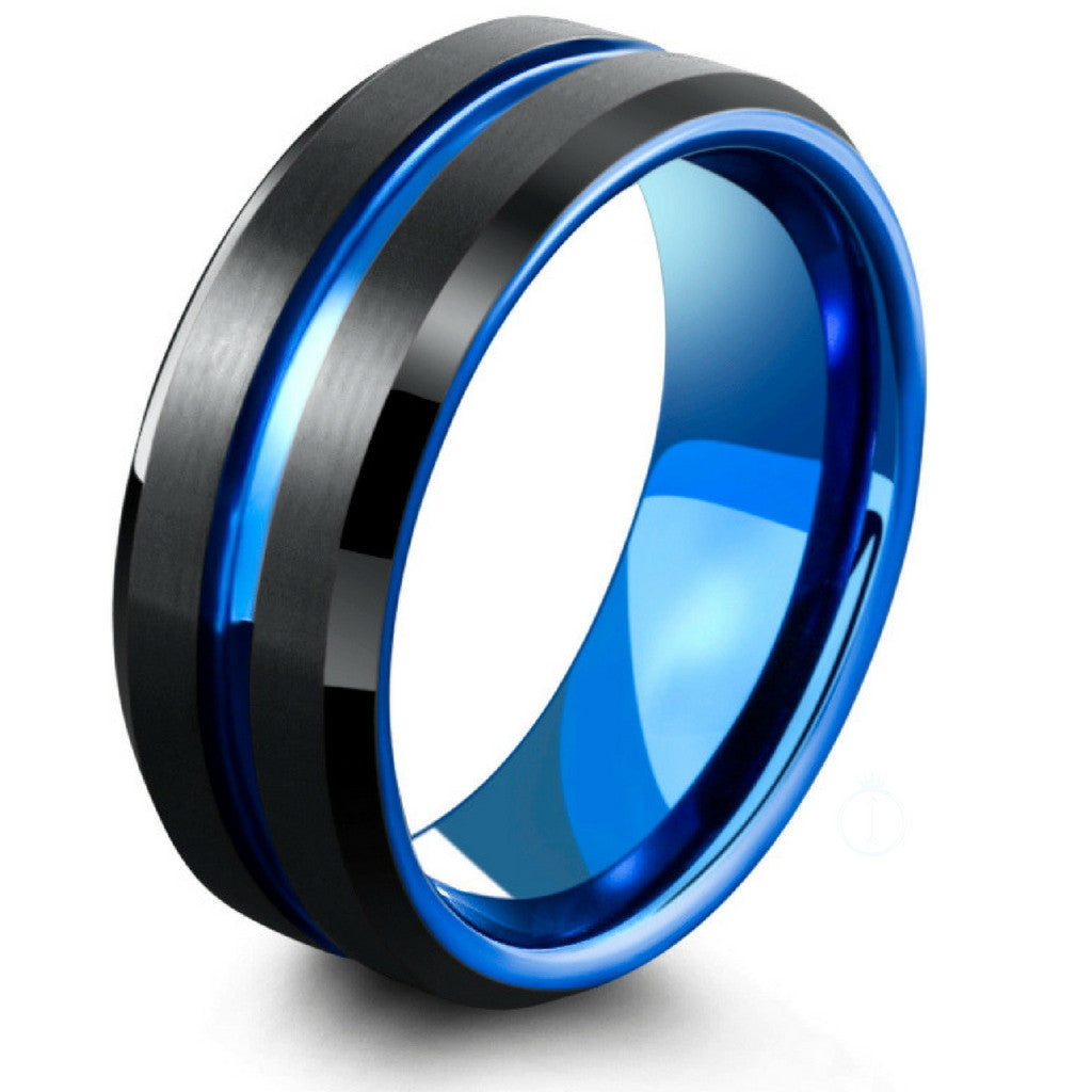Mens Tungsten Wedding Band With Carved Blue Channel