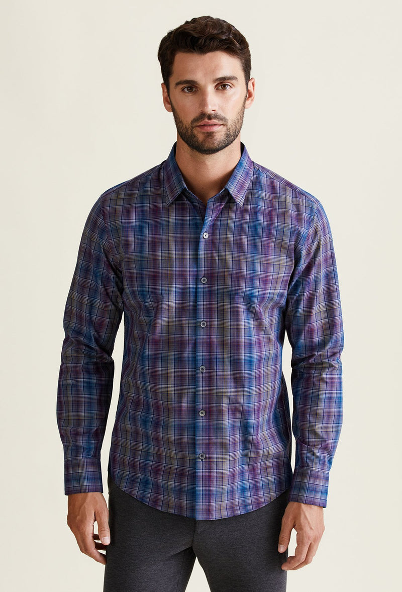 purple and yellow plaid shirt