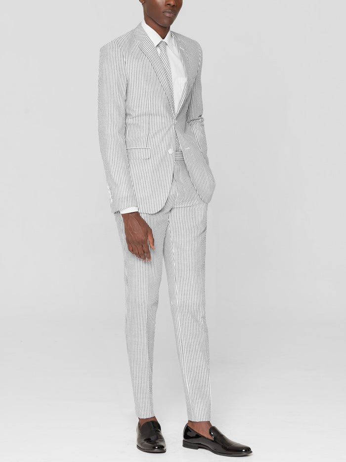 Black & White Seersucker Two Button Suit | Alain Dupetit