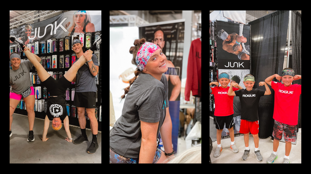 CrossFit Round Up Photos left image, woman does a handstand while others hold her legs, middle photo woman leans against a table with a JUNK Headband on, right photo is three boys in junk headbands making muscle poses