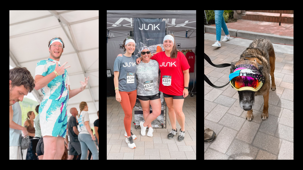 GoPro Games Images, a man in the jazzy headband and outfit, three JUNK employees who ran the booth and the 5k, and a dog in goggles and a JUNK Headband