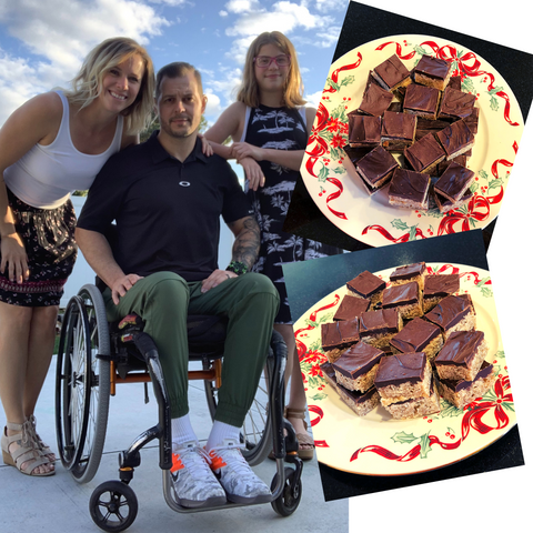 Man in wheelchair with family, overlayed with images of his recipe