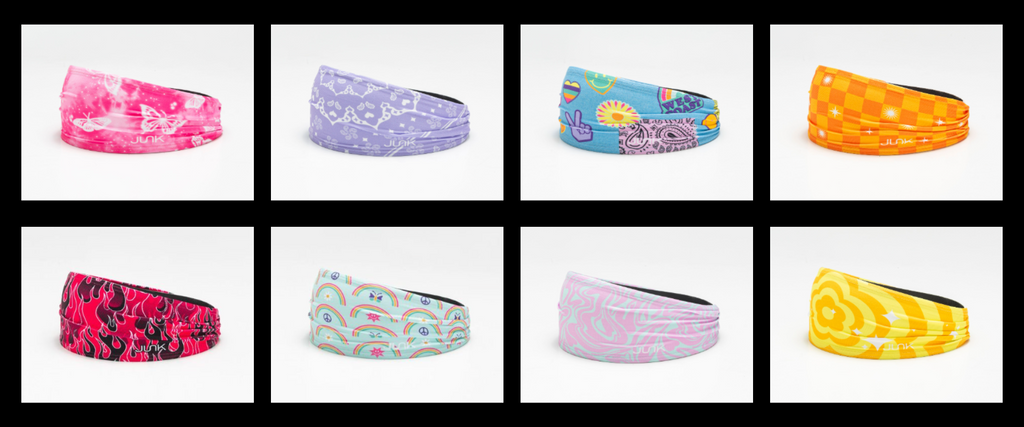 Y2Trending Headbands, from left to right, pink butterfly headband, lavendar paisley headband (very Taylor Swift), blue headband with y2k symbols, orange checkered headband, the next row is pink flames, rainbows on seafoam green, purple and blue tie dye, and orange flower.