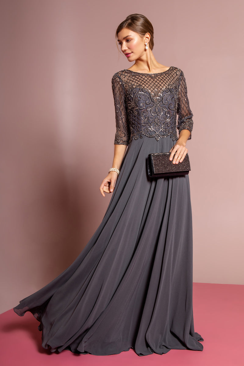 Mother of the Bride Groom Gown Chiffon Long Dress 3/4 Sleeves Navy and
