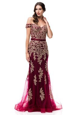 burgundy and gold mermaid prom dress