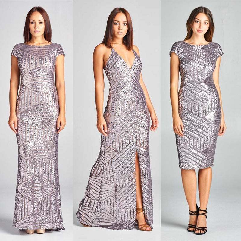 Pewter Geometrical Sequin Maxi Cocktail style Long and Short bridesmai ...