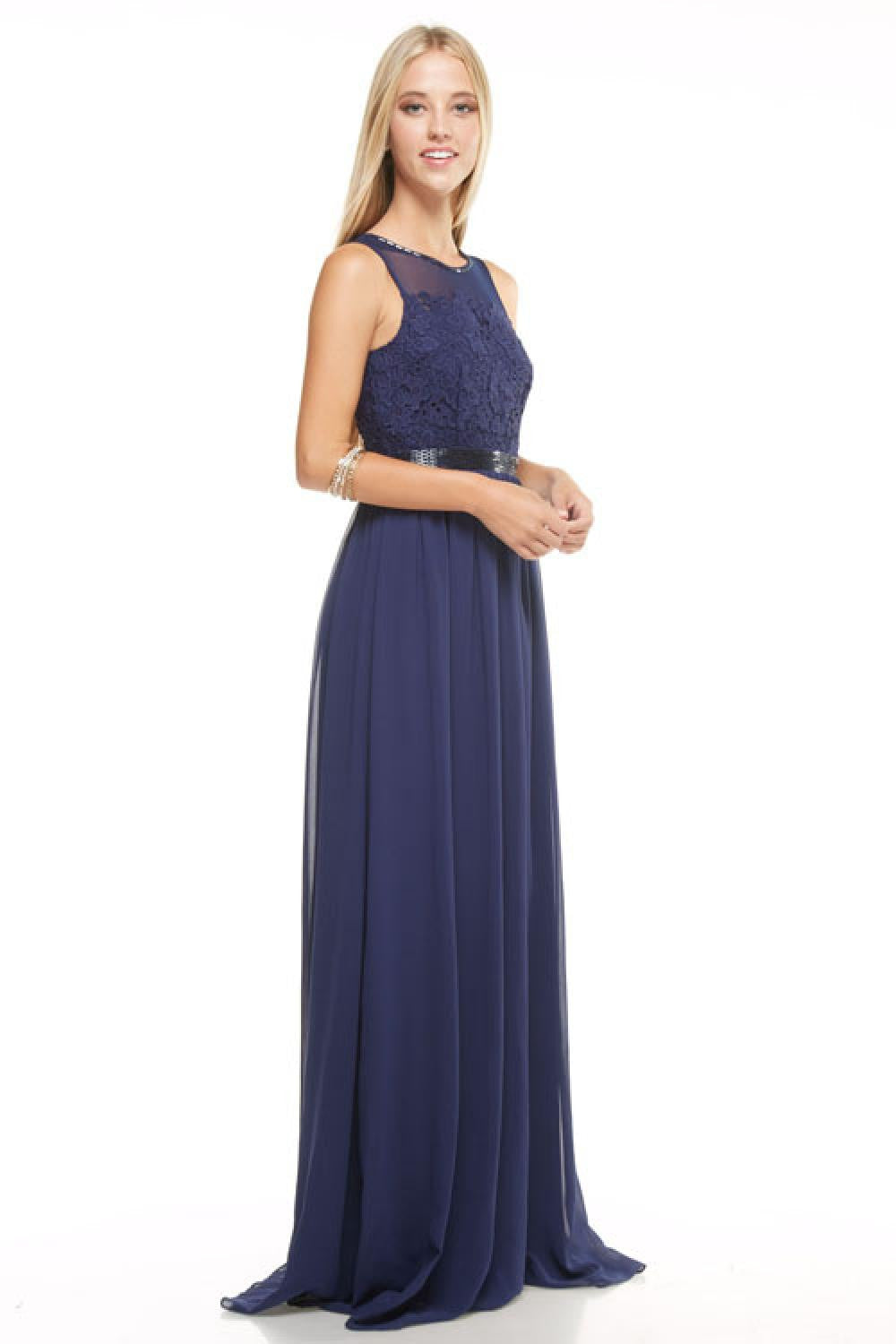 Affordable Beaded Chiffon Long Bridesmaid Dress Navy – Frugal Mughal