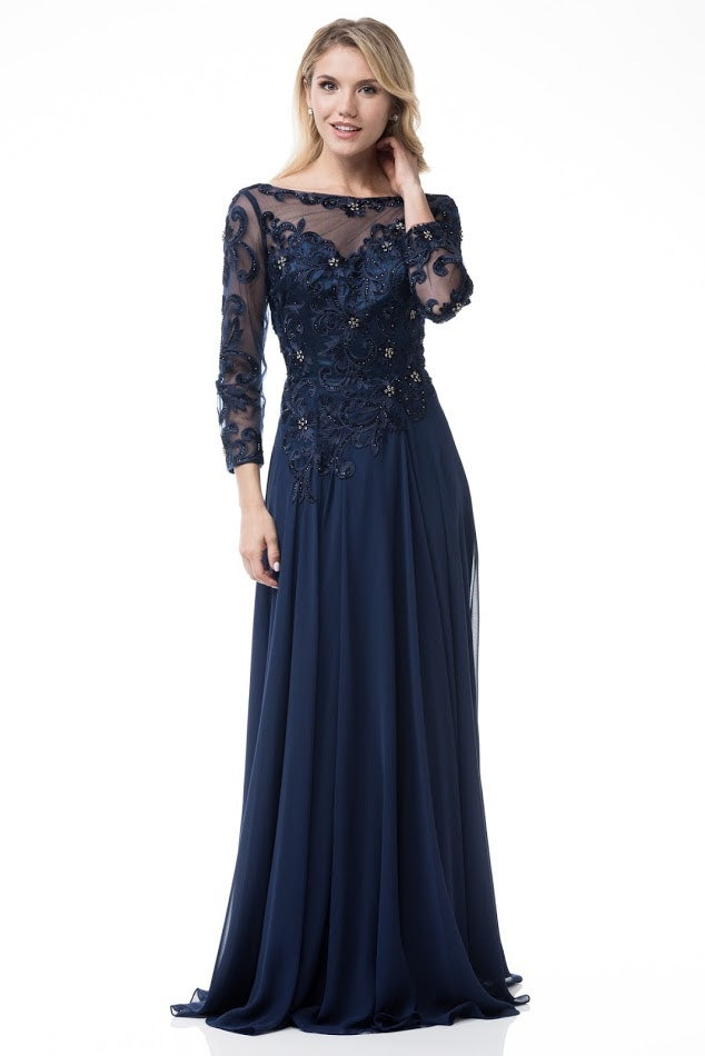 Floor Length long sleeves Chiffon Navy Mother of the Bride dress or Gr ...