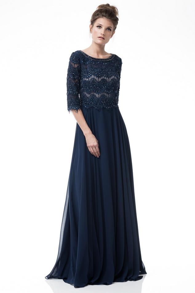 Scalloped lace Navy scoop neck 3/4 sleeves long chiffon mother of the ...