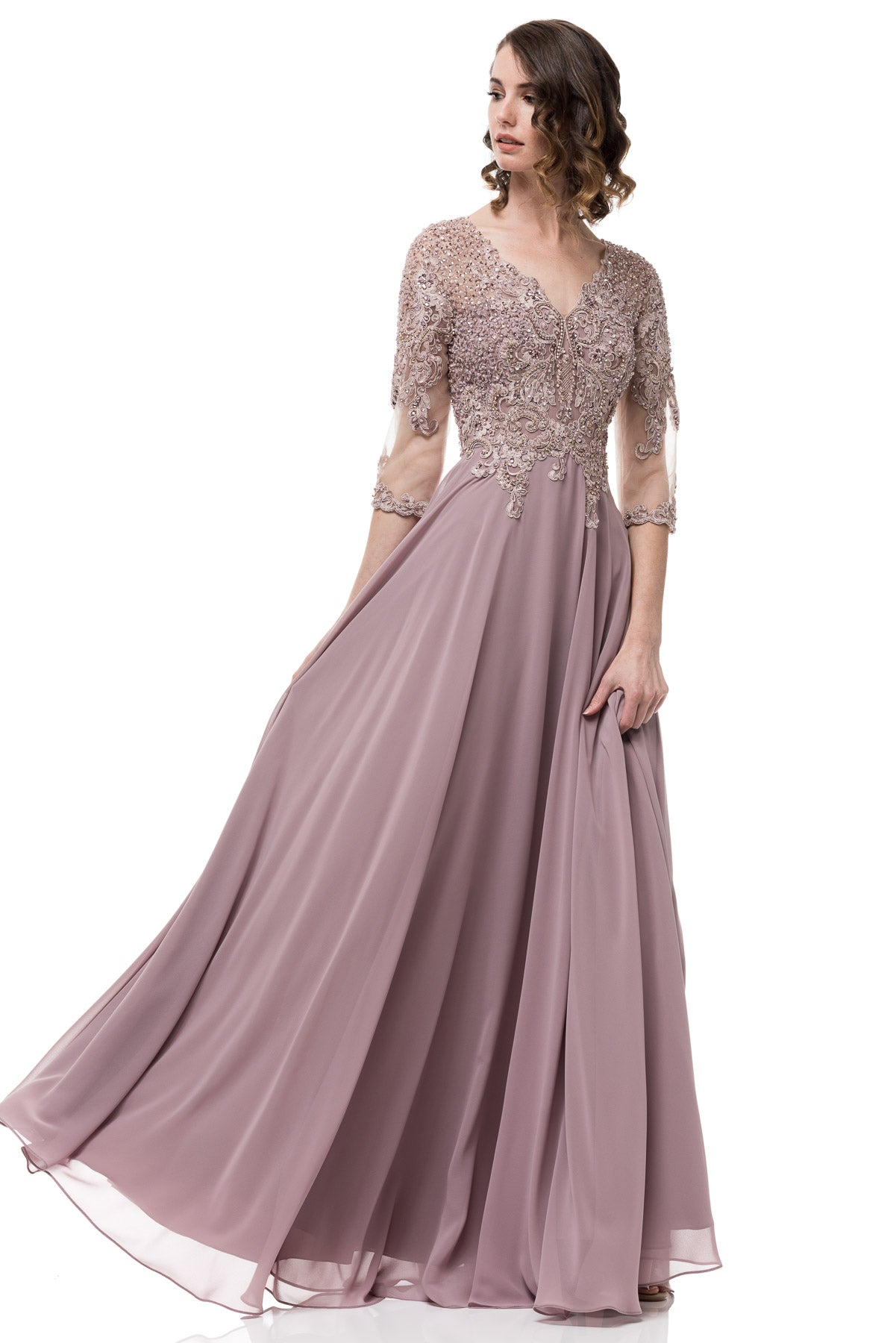 Floor Length Fantasy A-Line Chiffon Lace Mauve Mother of the Bride Gro ...