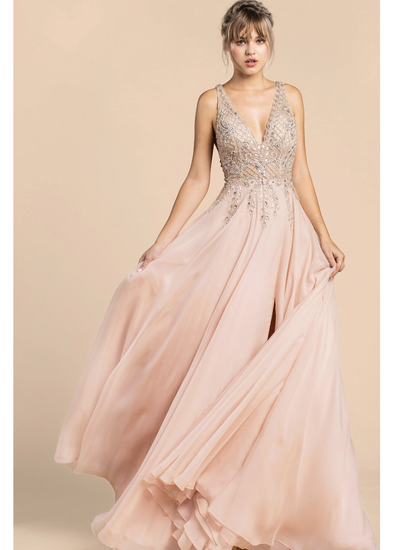 Dance the night away Flowy chiffon blush gown long Prom Evening Weddin ...