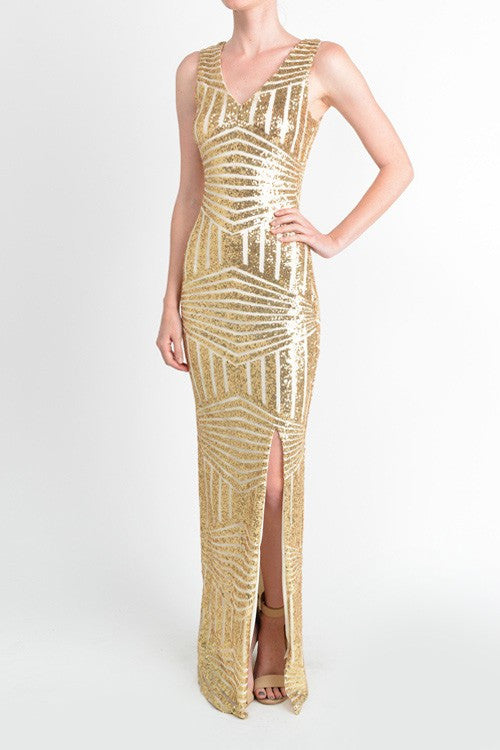 floor length gold sequin dress