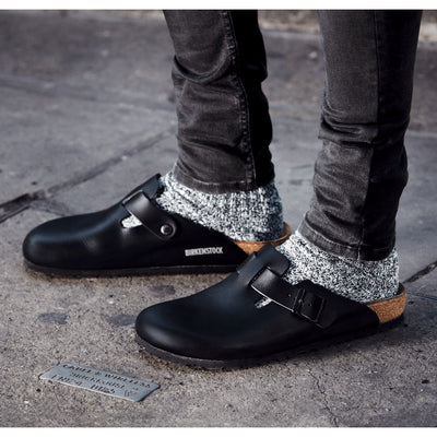 black leather birkenstock clogs