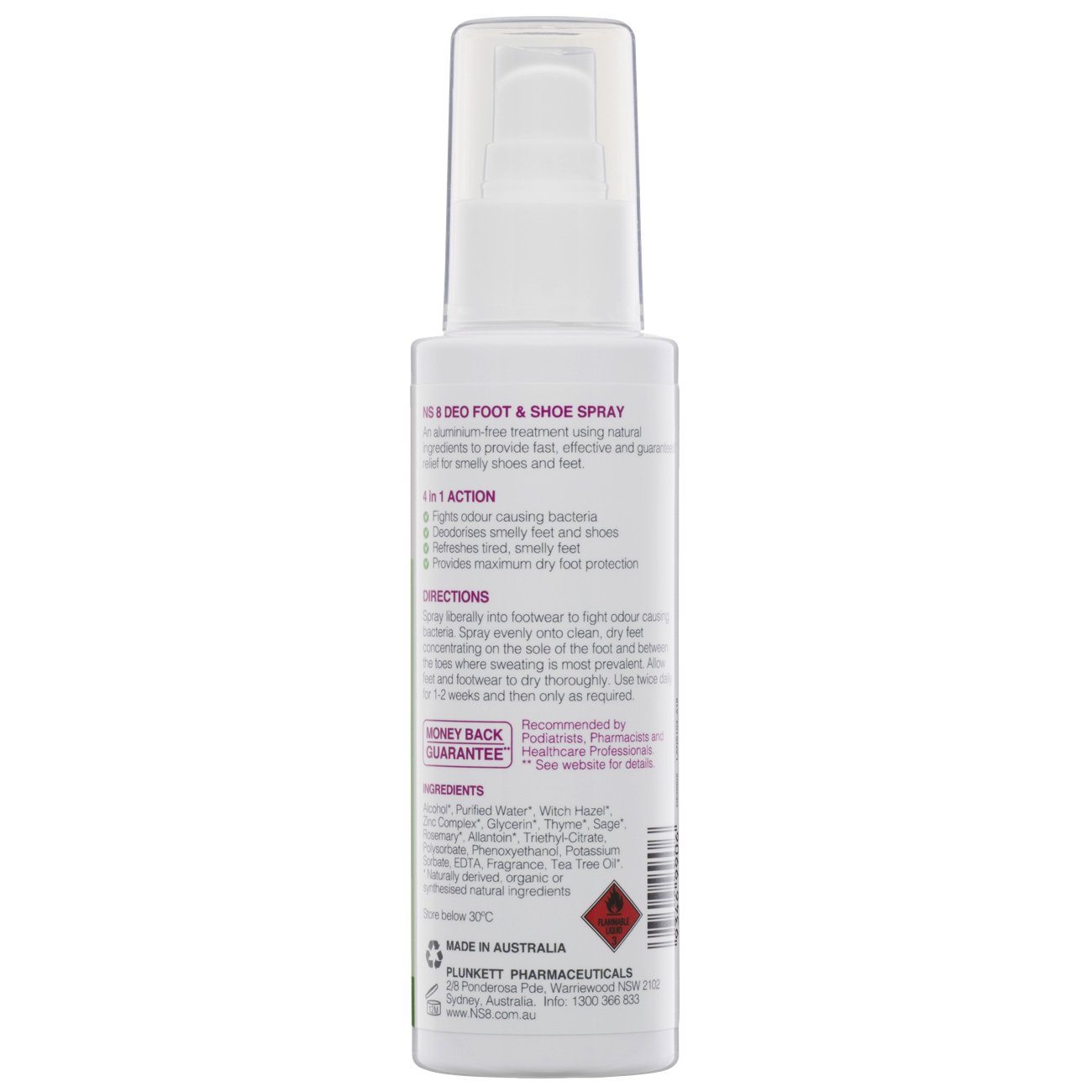 NS-8 Deodorant Foot Fresh Spray (100ml Pump) Skin Care Products Plunkett Deodoriser 