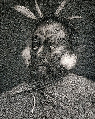 Engraving of a man from New Zealand (Maori ?) with tribal tattoos on his face, encountered by Cook on his second voyage, 1772–1775