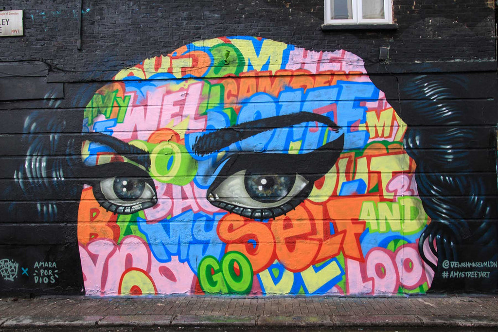 ‘Amy Street Art’ at Stucley Place NW1 Camden - hair and eyes by Amara Por Dios and funky lettering by Captain Kris (photo by Maureen Barlin via Flickr)