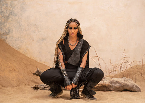 Dune Outfit inspired by galactic rugged elegance: Fulla Wrap Top, Imma Hooded Kaftan, Eleven Unisex Pants, Long Vmix Armbands, and Centipede Glove and Blade Runner Necklace by Costume Therapy