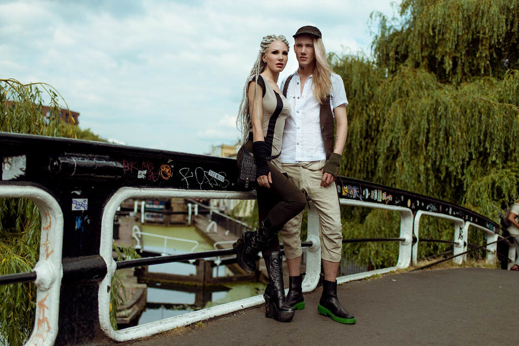 Ryo and George wearing Psylo Fashion on a bridge over the Regent Canal, Camden Lock