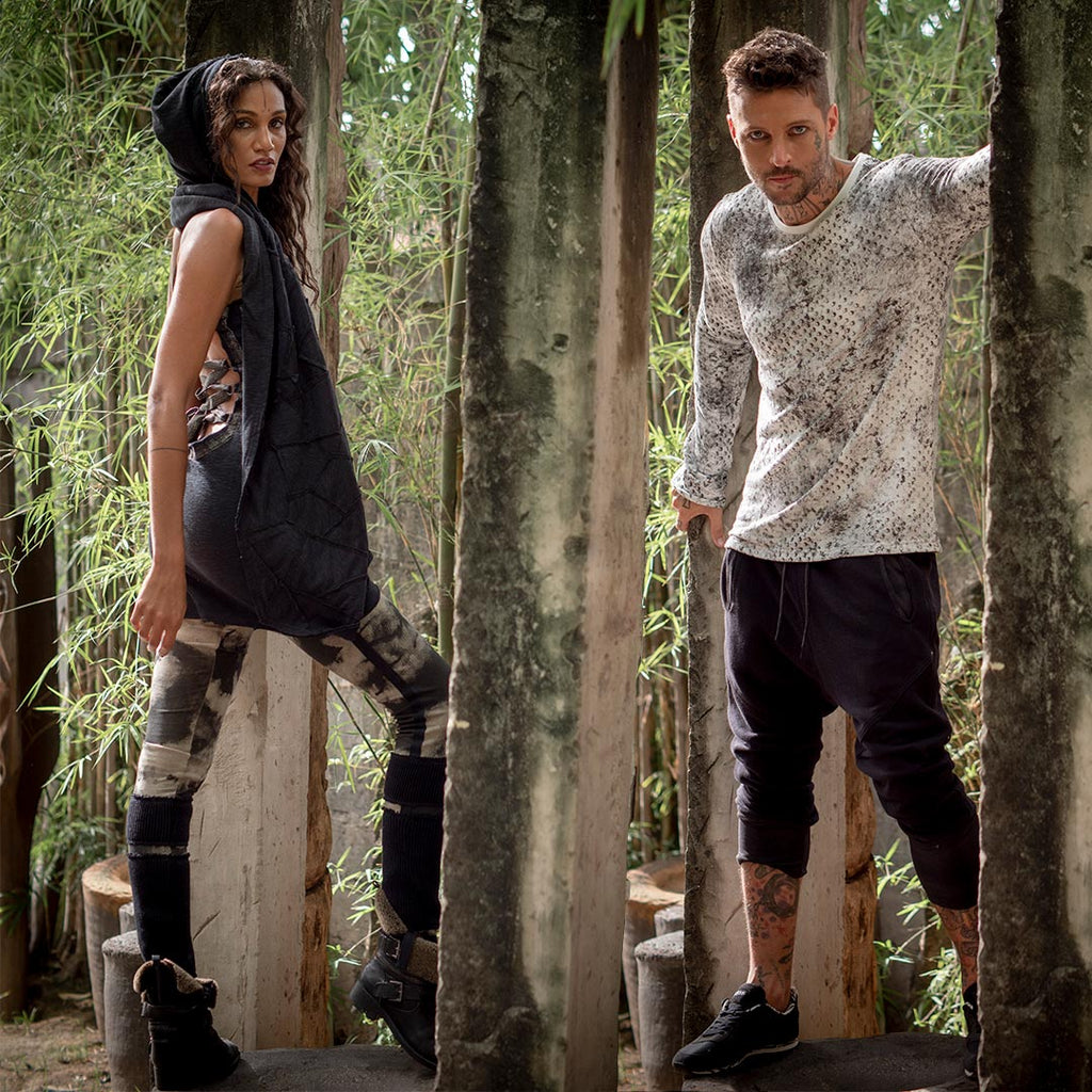 standing woman and man wearing Psylo Fashion's printed streetwear