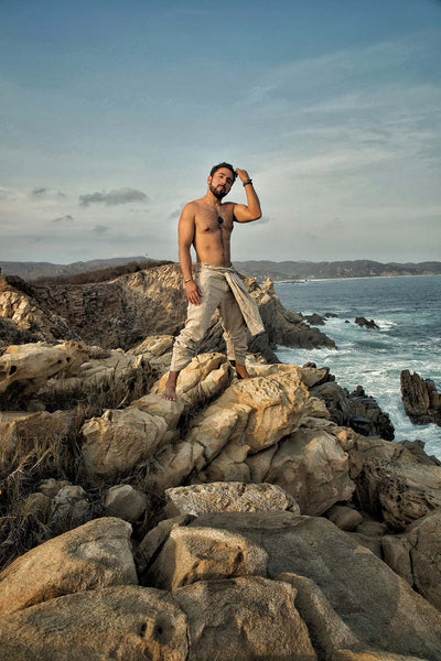 Man wearing original Tulum style linen trousers