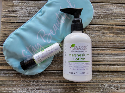 picture of magnesium lotion, a sleep mask and sweet dreams aromatherapy roller