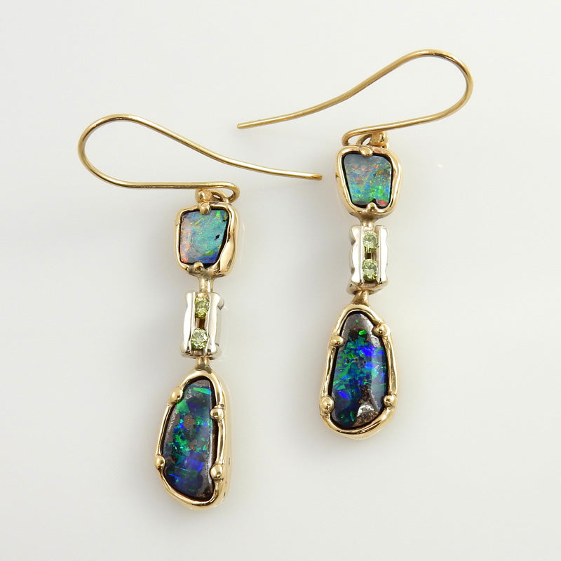 Australian Natural Black Opal Inlay 14kt Gold Earrings - DeSantis Jewelry