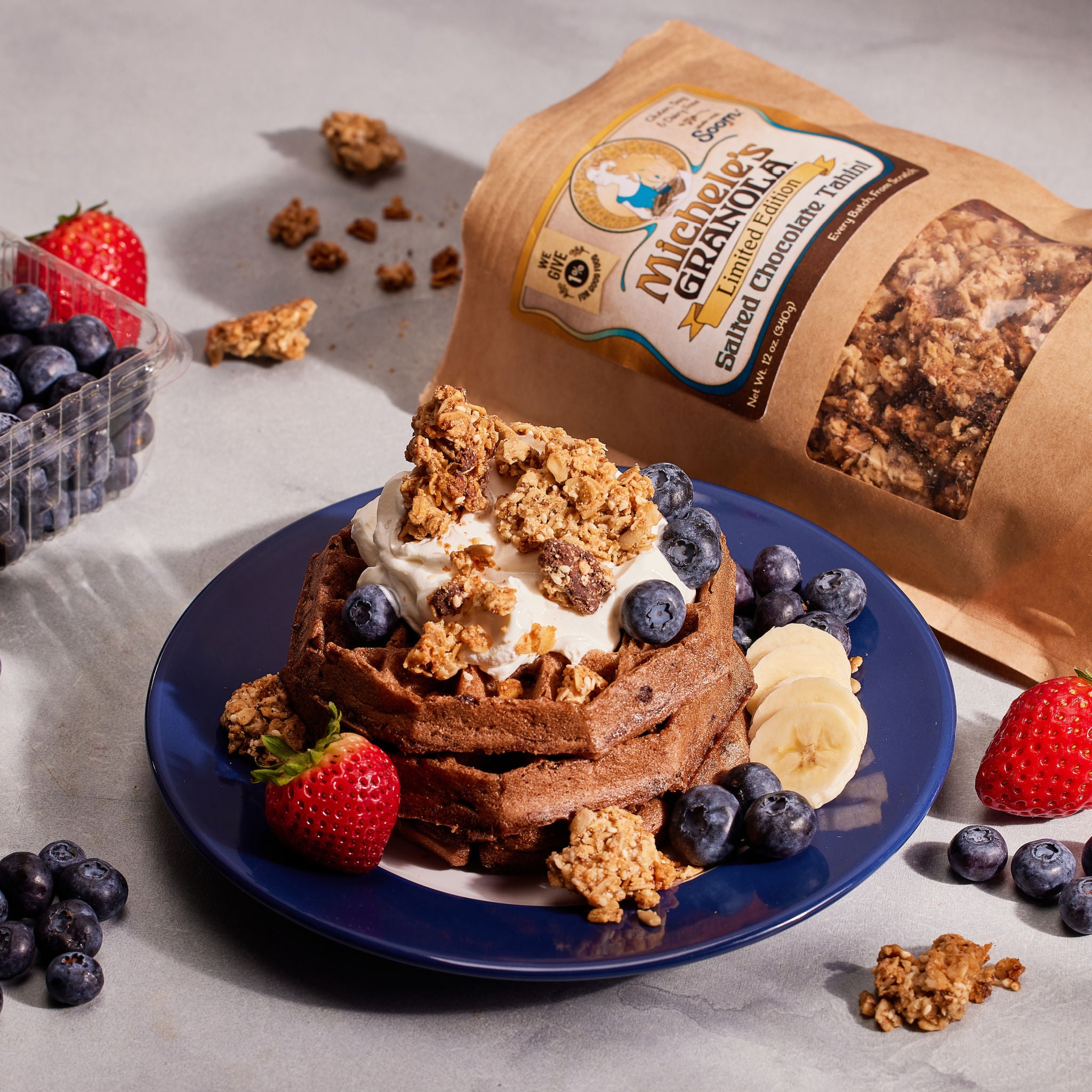 Salted Chocolate Tahini Granola + waffles.jpg__PID:81db1854-a764-47d7-8e58-2929d5d39bc9